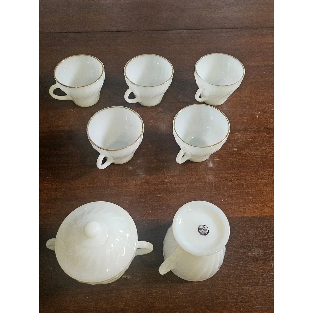 Fire-King Tea Set Home OS White Swirl Milk Glass Gold Rim 7pc Set